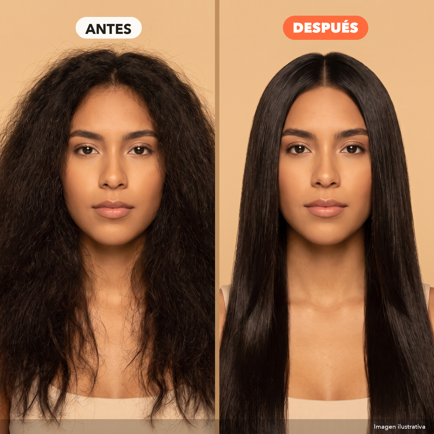 Antes y después: de encrespado a liso con el Kit Alaciador KapilUp (imagen ilustrativa)