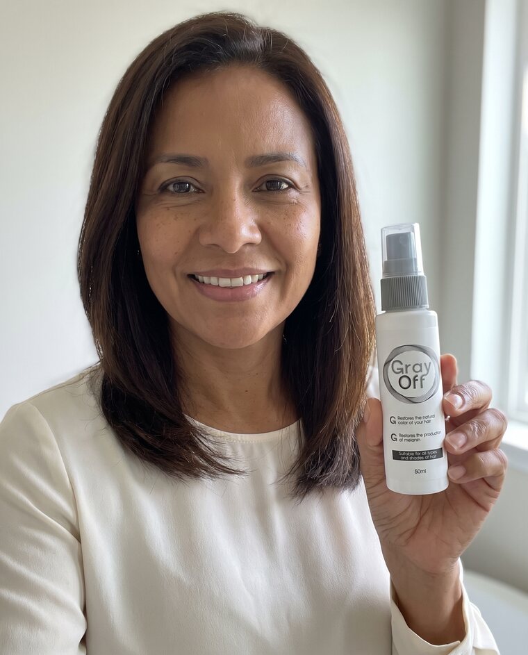 Mujer colombiana con el spray GrayOFF