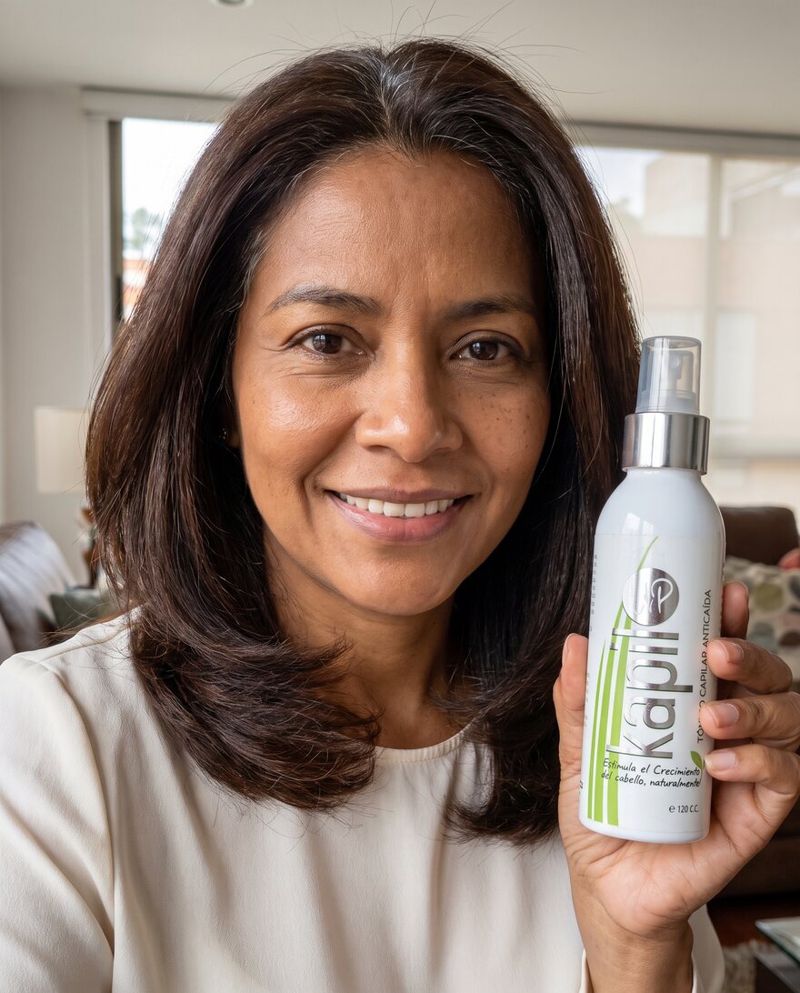 Mujer con el cabello oscuro recuperado sosteniendo el Tónico KapilUp