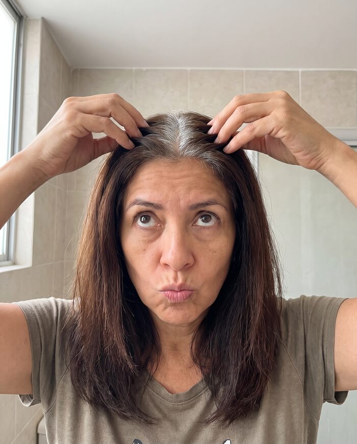Mujer mostrando la raíz blanca del retoque de tinte